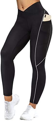 RUUHEE Women V Cross Waist Reflective High Waisted Crossover Leggings with Pockets Yoga Pants