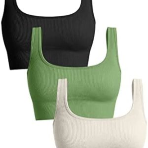 OQQ Women's 3 Piece Medium Support Tank Top Ribbed Seamless Removable Cups Workout Exercise Sport Bra