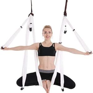QueenLine Full Set 6 Handles Anti-Gravity Aerial Yoga Hammock Flying Swing Trapeze Yoga Inversion Exercises Device Home Gym Hanging Belt Beige