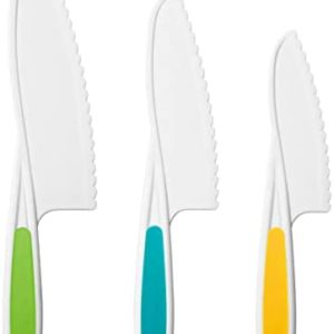 MAZYPO Kids Knife Set of 3 - Firm Grip, Serrated Safe Edges– Colorful Nylon Toddler Cooking Knives to Cut Fruits, Salad, Cake, Lettuce (Green/Yellow/Blue)
