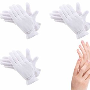 Moisturizing Gloves Over Night Bedtime White Cotton | Cosmetic Inspection Premium Cloth Quality | Eczema Dry Sensitive Irritated Skin Spa Therapy Secure Wristband| One Size Fits Most (3-Pairs)