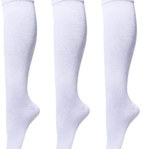 3 Pairs Womens Cotton Knee High Socks, Causal Soild Stripe Tube Knee Socks