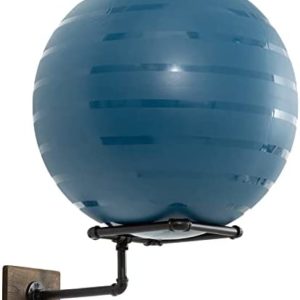 MyGift Wall Mounted Stability Ball Rack, Yoga and Exercise Ball Holder Stand with Industrial Metal Pipe and Burnt Wood