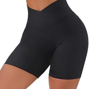 MOSHENGQI Womens Cross Waist Biker Shorts Butt Lifting Workout High Waisted Running Yoga Shorts with Inner Pocket