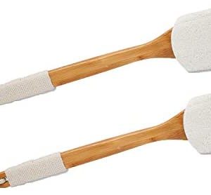 Leotruny 100% Natural Exfoliating Loofah with Long Wooden Handle Shower Back Brush (Off-White (2 Pack))