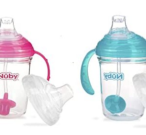 Nuby No Spill 360 Weighted Straw Grip N' Sip Tritan Cup with Hygienic Cover, 8 Oz, Trainer Cup (Pink/Teal)