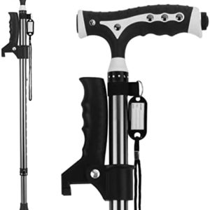 Hold 440 Lbs Walking Cane for Men & Women Aluminum Alloy Lightweight Height Adjustable Walking Stick Heavy Duty Foldbale Free Standing Cane with LED for Seniors Adults