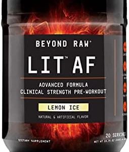 Beyond Raw LIT AF | Advanced Formula Clinical Strength Pre-Workout Powder | Contains Caffeine, L-Citruline, and Nitrosigine | Lemon Ice | 20 Servings