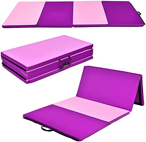 Giantex 4'x8' Folding Gymnastics Mat, 2'' Thick Gym Exercise Pad with Carrying Handles, Hook and Loop Fastener, 4 Panel Tumbling Mat for Yoga, Stretching, Workouts