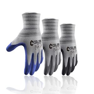 COOLJOB 9PK Medium Work Gloves with Rubber Grip, High Dexterity Soft Working Gloves for Men, Non-slip Delivery Gloves for Trucker/Box Handler/Carpenter/Gardener/Police Officer, Latex Coated, Gray