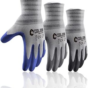 COOLJOB 9PK Small Work Gloves with Rubber Grip, High Dexterity Soft Working Gloves for Men, Non-slip Delivery Gloves for Trucker/Box Handler/Carpenter/Gardener/Police Officer, Latex Coated, Gray