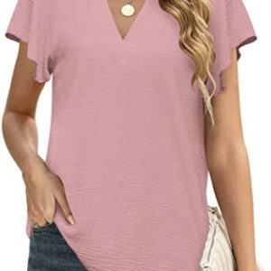 VIVIfashion Women' s Business Casual Tops Split V Neck Ruffle Sleeve Chiffon Blouses Dressy Shirts Loose Tunic Oversized