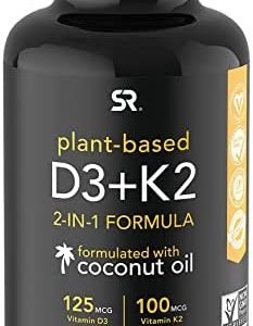 Sports Research Vegan Vitamin D3 + K2 Supplement with Organic Coconut Oil - 5000iu Vitamin D with 100mcg Mk7 Vitamin K - Supports Calcium for Stronger Bones & Immune Health - 60 Softgels for Adults