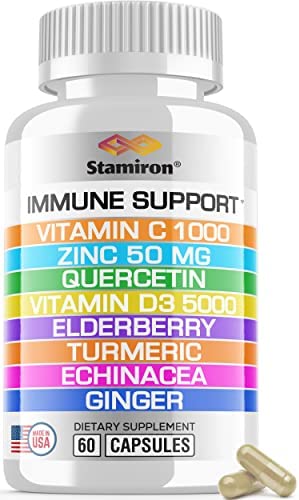 Immune Support with Quercetin Zinc 50mg Vitamin C 1000mg Vitamin D3 5000 IU and Elderberry Turmeric Ginger for Adults Kids - 8 in 1 Vit D Immunity Defense Booster Supplement Vegan Friendly Made in USA