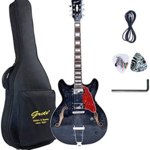 GROTE Jazz Electric Guitar Semi-Hollow Body Trapeze Tailpiece Bridge Guitar Gig Bag (Black)