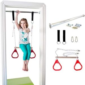 DreamGYM Doorway Swing for Kids Indoor - Trapeze Bar and Red Gymnastic Rings Combo