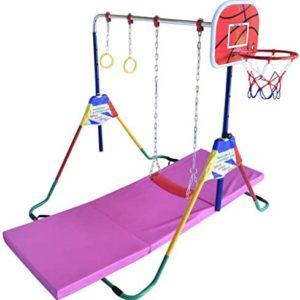 Kids Jungle Gym 4 in 1 Horizontal Bar w 2x6 FT Tumble Mat Monkey Bar Playground Horizontal Gymnastics Bar, Deluxe Swing Set, Trapeze Rings and Basketball Net Adjustable Foldable