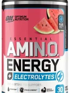 Optimum Nutrition Amino Energy Plus Electrolytes Energy Drink Powder, Caffeine for Pre-Workout Energy, Amino Acids / BCAAs for Post-Workout Recovery, Watermelon Splash, 30 Servings- Packaging May Vary