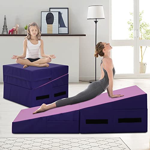 Incline Gymnastics Mat 48 x24 Inch Foldding Exercise Mat,Gymnastic Tumbling Mat w/ Handle,Cheese Wedge Skill Shape Mats for Gymnastics,Indoor/Outdoor Home Gym Fitness Yoga Mat for Kids Tumbling