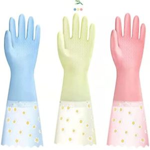 Dishwashing Cleaning Gloves 3 Pairs - Reusable Rubber Gloves Non-Slip Laundry Kitchen Gardening Waterproof Household Gloves