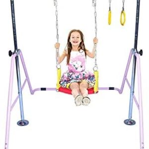 Kids Home Gymnastics Bar Jungle Gym 3 in 1 Set Deluxe Swing Seat, Trapeze Rings, Horizontal Kip Bar Height Adjustable Monkey Bar, Expandable Junior Training Gymnastic Balance Bar, Swing Set (Pink)