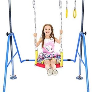 Athletic Bar Kids Jungle Gym Gymnastics 3 in 1 Deluxe Swing Set, Trapeze Rings, Monkey Bars Kip Bar Playground Expandable Junior Training Bar Foldable Climbing Tower Blue