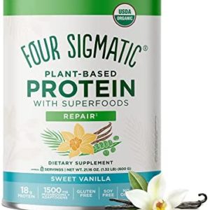 Organic Plant-Based Protein Powder by Four Sigmatic | Sweet Vanilla Protein with Lion’s Mane, Chaga, Cordyceps, and More | Clean Vegan Protein Elevated for Brain Function and Immune Support | 21.16 oz