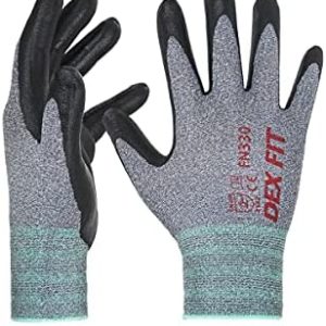 DEX FIT Nitrile Work Gloves FN330, 3D Comfort Stretch Fit, Power Grip, Smart Touch, Durable Foam Coated, Thin & Lightweight, Machine Washable, Grey M (8) 3 Pairs