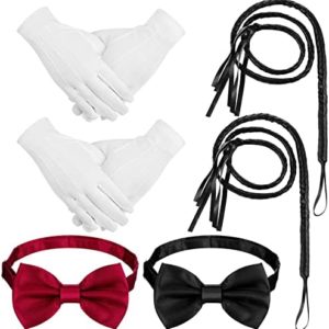 6 Pcs Circus Costumes Accessories Sets Faux Leather Whip Black Bullwhip Bow Ties Uniform Gloves for Circus Stage Performance Racing Ringmaster Cosplay Halloween Costume Accessories