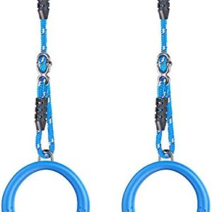 Dolibest Gymnastics Rings Kids Monkey Bars Swing Trapeze Bar Non-Slip Pull Up Rings with Adjustable Straps for Home Gym Full Body Workout Ninja Warrior Obstacle Course (Blue, 2Pack)