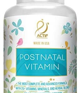 Actif Organic Postnatal Vitamin with 25+ Organic Vitamins and Organic Herbs, Nursing and Lactation Supplement, Supports Baby's Brain Development, Non-GMO, Made in USA, 90 Count