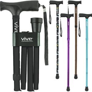 Vive Folding Cane - Foldable Walking Cane for Men, Women - Fold-up, Collapsible, Lightweight, Adjustable, Portable Hand Walking Stick - Balancing Mobility Aid - Sleek, Comfortable T Handles (Black)