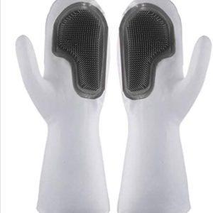 UOJO Reusable Household Cleaning Gloves and Non-Slip Grip Reusable Unlined Dishwashing Gloves Cleaning Brush (Grey-Brush-Halfpalm)