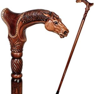 Horse Head Hand Carved Walking Cane Unique Designer Walking Stick Crafted Wooden 36” for Men Women Old Elderly People Comfortable Accessory