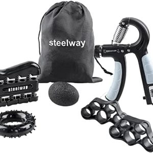 steelway Grip Strength Trainer, Forearm workout Equipment Kit-6 Pack, Adjustable Resistance Hand Wrist Trainer Gripper with Counter, Finger Exerciser/Stretcher, Grip Ring & Stress Relief Grip Ball for Recovery and Athletes