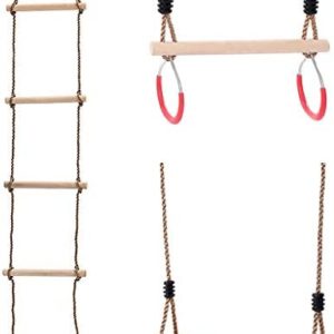 AIPINQI Climbing Rope Ladder for Kids, Wooden Swing Seat, Wooden Trapeze Bar with Rings, Wooden Swing Set for Tree Outside Backyard