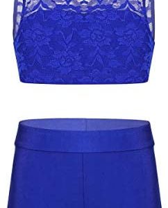 Aiihoo Kids Girls Two Piece Sports Ballet Dance Gymnastic Outfits Sleeveless Floral Lace Mock Neck Tops with Bottoms Set