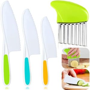 4 Pcs Kids Knife Set, Kids Safe Cooking Knives, Nylon Kids Kitchen Knife with Crinkle Cutter, Serrated Edges Plastic Toddler Knife Kids Knives for Real Cooking & Cutting Fruit, Bread, Lettuce