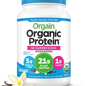 Orgain Organic Protein + Superfoods Powder, Vanilla Bean - 21g of Protein, Vegan, Plant Based, 5g of Fiber, No Dairy, Gluten, Soy or Added Sugar, Non-GMO, 2.02lb