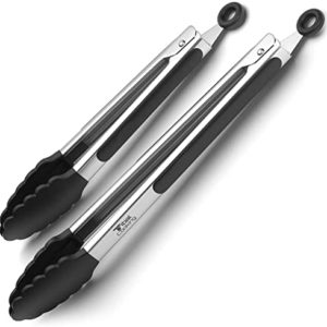 Tribal Cooking Kitchen Tongs with Silicone Tips - Stainless Steel tongs for cooking - 9" and 12" Tongs With Silicone Rubber Grips, Small and Large - Metal BBQ Tongs with Locking - Heat Resistant