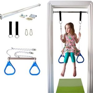 DreamGYM Doorway Swing for Kids Indoor - Trapeze Bar and Blue Gymnastic Rings Combo