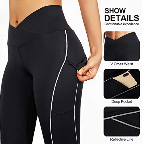 RUUHEE Women V Cross Waist Reflective High Waisted Crossover Leggings with Pockets Yoga Pants - Image 2