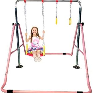 Kids Jungle Gymnastics Expandable Junior Training Monkey Horizontal Bars Climbing Tower Child Play Pink Training Pull Up Gym + Swing Seat + Trapeze Rings.Set