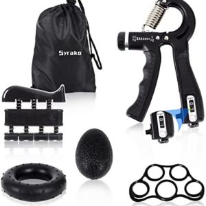 Syrako Hand Grip Strength Trainer, Forearm Trainer Workout Kit (5Pack), Adjustable Resistance Hand Gripper, Finger Trainer, Grip Ring & Stress Relief Ball