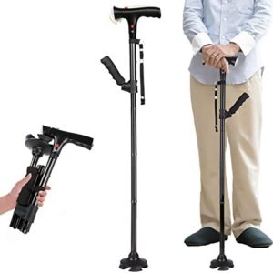 Folding Cane with Led Light, Adjustable Canes and Walking Sticks for Seniors, Walking Cane Stick for Men and Women with Cushion 2 T Handle and Pivoting Quad Base for Arthritis Disabled and Elderly