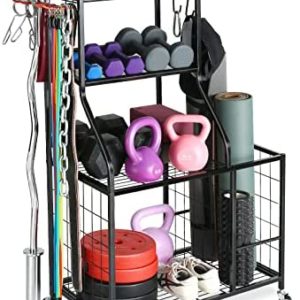 Weight Rack Home Gym Storage, Yoga Mat Storage Rack Workout Equipment Storage Rack for Dumbbells Kettlebells Resistance Band, Multifunction Exercise Equipment Gym Rack Organizer with Wheels and Hooks