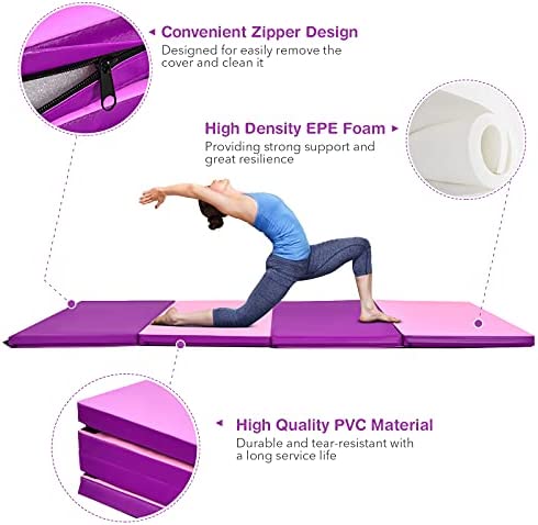 Giantex 4'x8' Folding Gymnastics Mat, 2'' Thick Gym Exercise Pad with Carrying Handles, Hook and Loop Fastener, 4 Panel Tumbling Mat for Yoga, Stretching, Workouts - Image 2