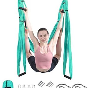 Aerial Yoga Flying Yoga Swing Set Yoga Hammock Trapeze Sling Inversion Tool for Gym Home Fitness with Ceiling Anchors and 2 Extensions Straps(Turquoise)
