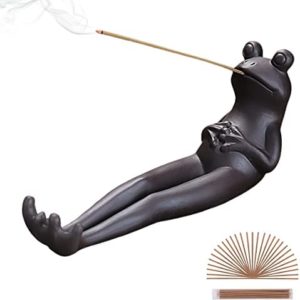 ChangWanna Frog Incense Stick Holder - Ceramic Insence Burner Ash Catcher, Insense Stand with 45 Sandalwood Incense Sticks, Frog Ornament for Aromatherapy/Yoga/Meditation/Home Living Room Office Decor