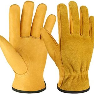 OZERO Leather Work Gloves Flex Grip Tough Cowhide Gardening Glove for Wood Cutting/Construction/Driving/Garden for Men and Women 1 Pair (Gold,Large)